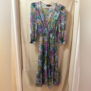 PatBO Sheer Floral Maxi Dress XS Tie Waist Brazil Boho Shoulder Pad Fit